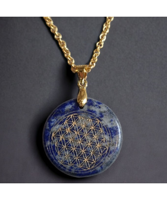 Pendentif Lapis-lazuli Fleur de vie avec chaîne dorée