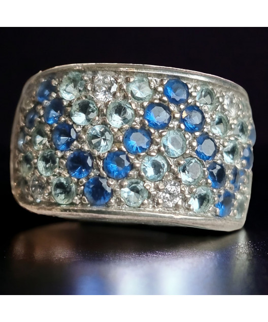Bague Saphir Aigue marine & Zirconium Argent 925 Taille 55