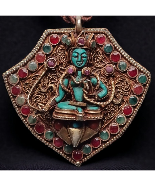 Pendentif Turquoise Rubis Emeraude et Corail Déesse Tara Vermeil sur cordon