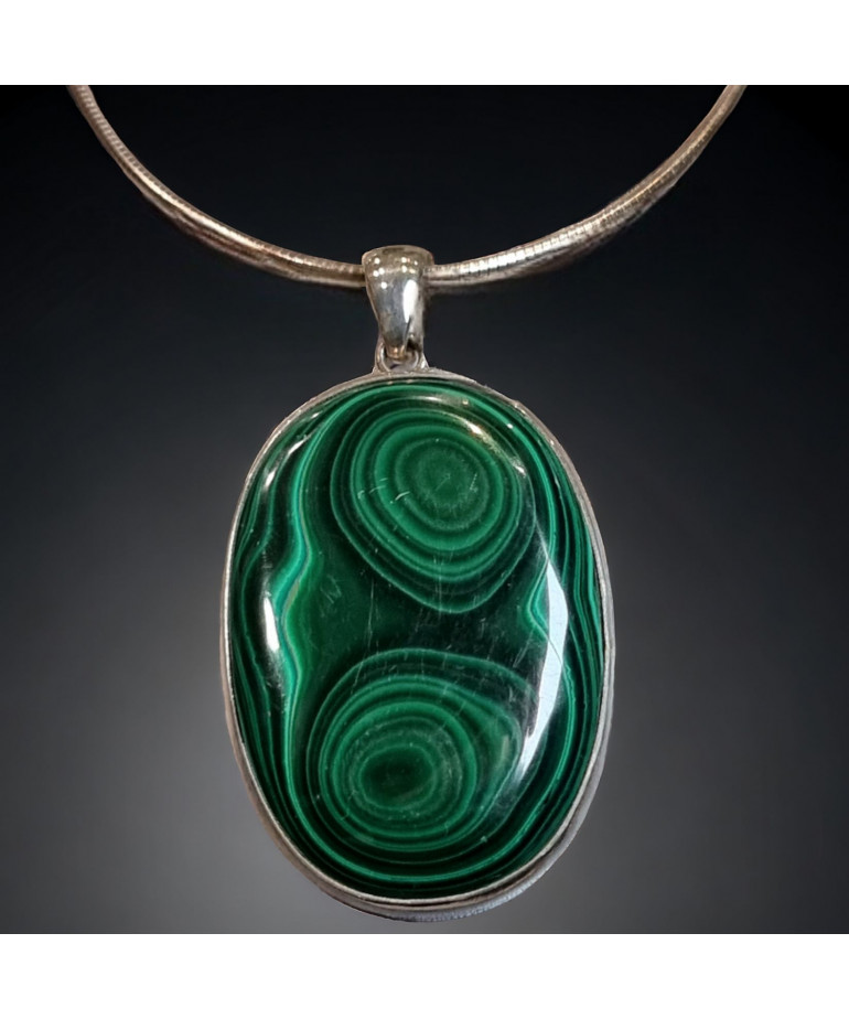 Pendentif Malachite sertie & chaîne Argent 925