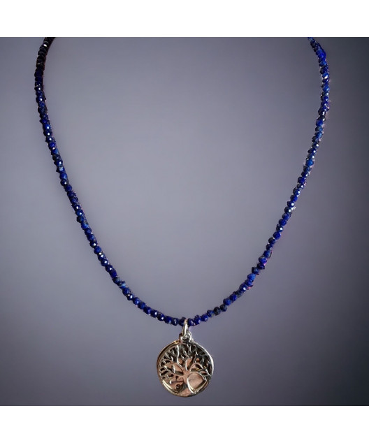 Collier Lapis-lazuli & Pendentifs Médailles Arbre de vie / Family Argent 925