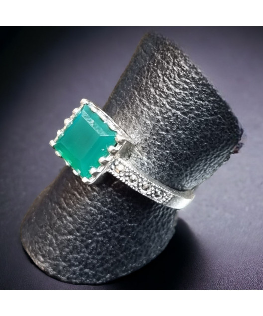 Bague Agate verte naturelle & Marcassite Argent 925 Taille 56