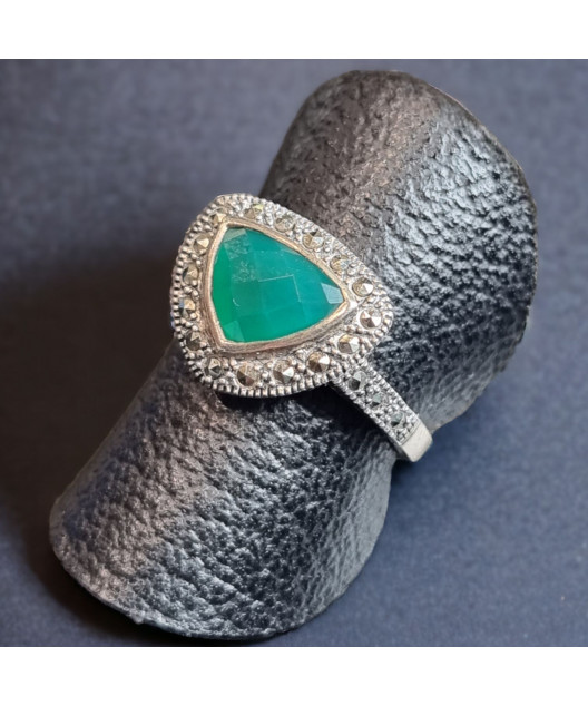 Bague Agate verte naturelle & Marcassite Argent 925 Taille 55