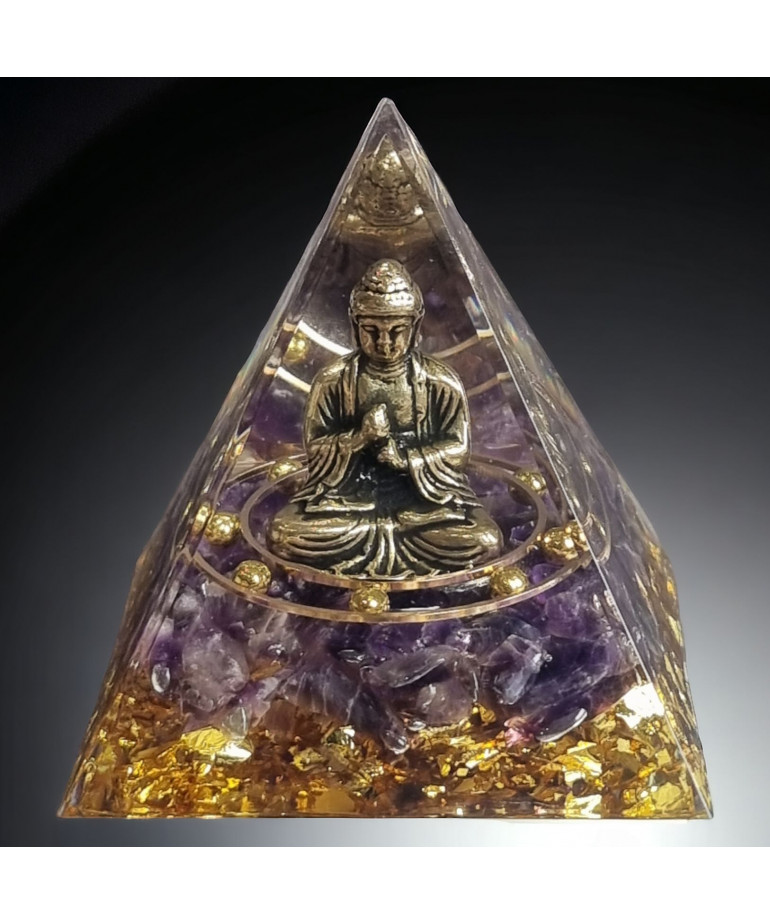 Pyramide Orgonite de protection Améthyste & Bouddha GM