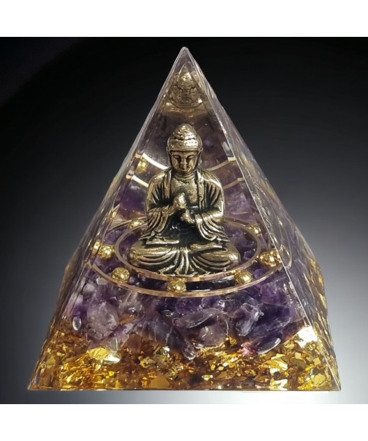 Pyramide Orgonite de protection Améthyste & Bouddha GM