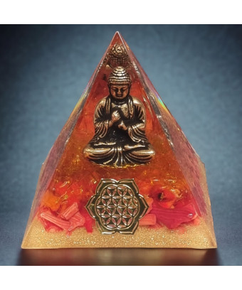 Pyramide Orgonite de protection Corail & Bouddha - Fleur de vie GM