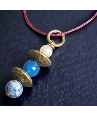 Pendentif Sodalite Agate bleue & Perle de verre Laiton sur cordon réglable
