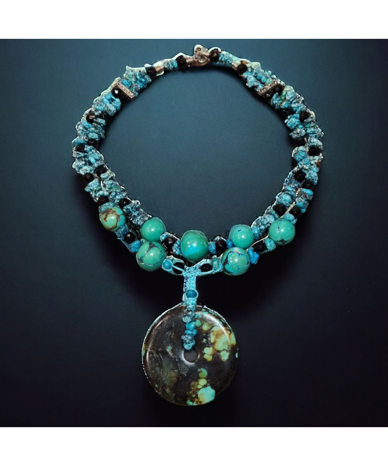 Collier Turquoise du Tibet et Onyx facettée