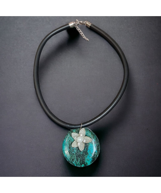 Collier Chrysocolle & Fleur Argent 925 sur caoutchouc naturel