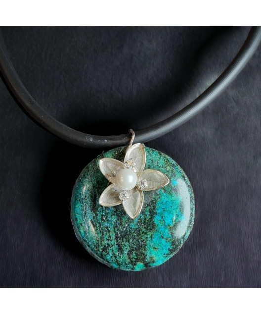 Collier Chrysocolle & Fleur Argent 925 sur caoutchouc naturel