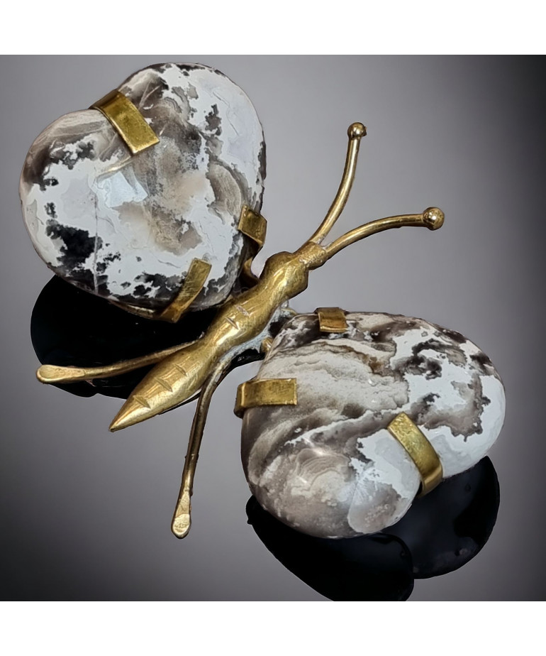 Papillon Bois fossilisé cœur corps laiton