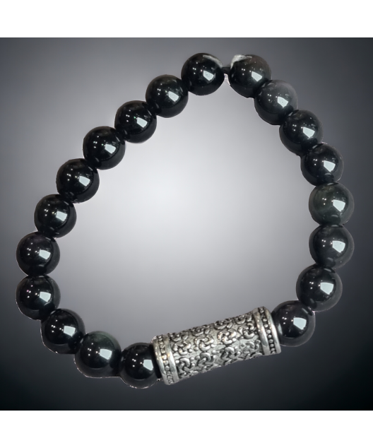 Bracelet Obsidienne argentée avec rouleau de prière