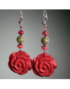 Boucles Bakélite fleur & perles Unakite