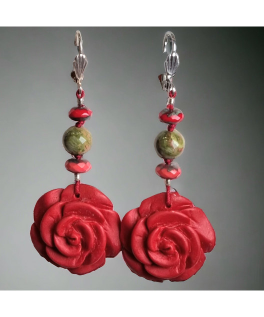 Boucles Bakélite fleur & perles Unakite