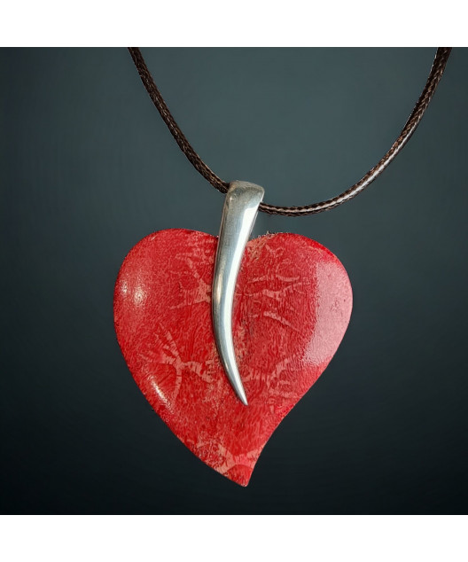 Pendentif Corail rouge cœur Argent 925 sur cordon réglable