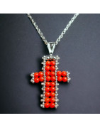 Pendentif Corail croix Argent 925 avec chaîne