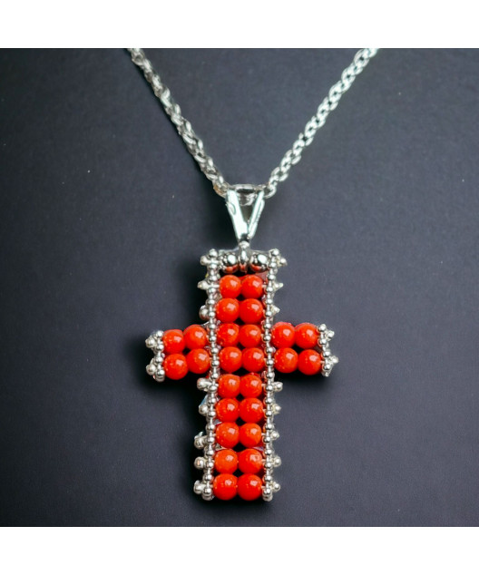 Pendentif Corail croix Argent 925 avec chaîne