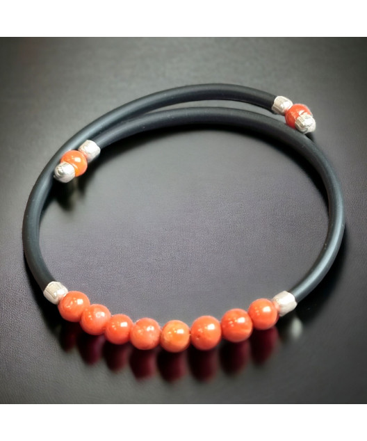 Bracelet Corail Pierre rondes 4mm & inserts Argent 925 caoutchouc