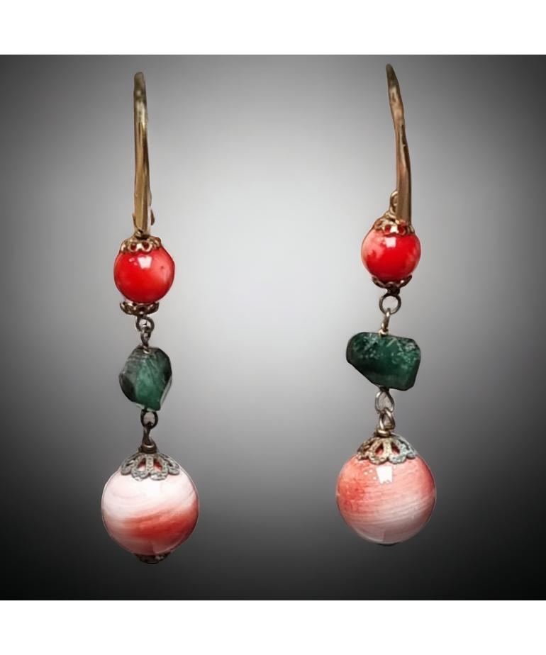 Boucles Corail rose & Emeraude Argent 925