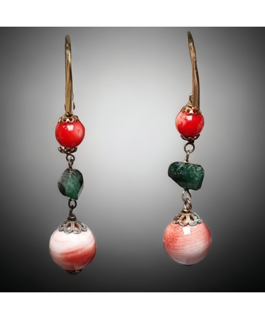 Boucles Corail rose & Emeraude Argent 925