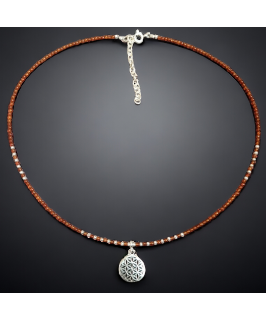 Collier Cornaline & pendentif Fleur de vie Argent 925