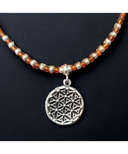 Collier Cornaline & pendentif Fleur de vie Argent 925