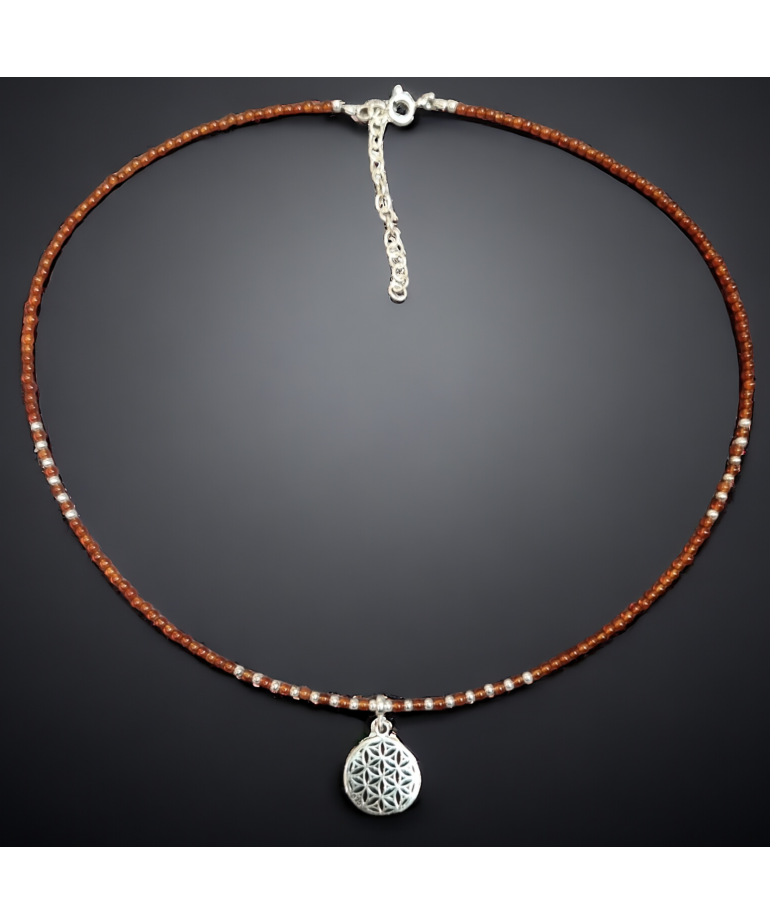 Bracelet Cornaline & pendentif Fleur de vie Argent 925