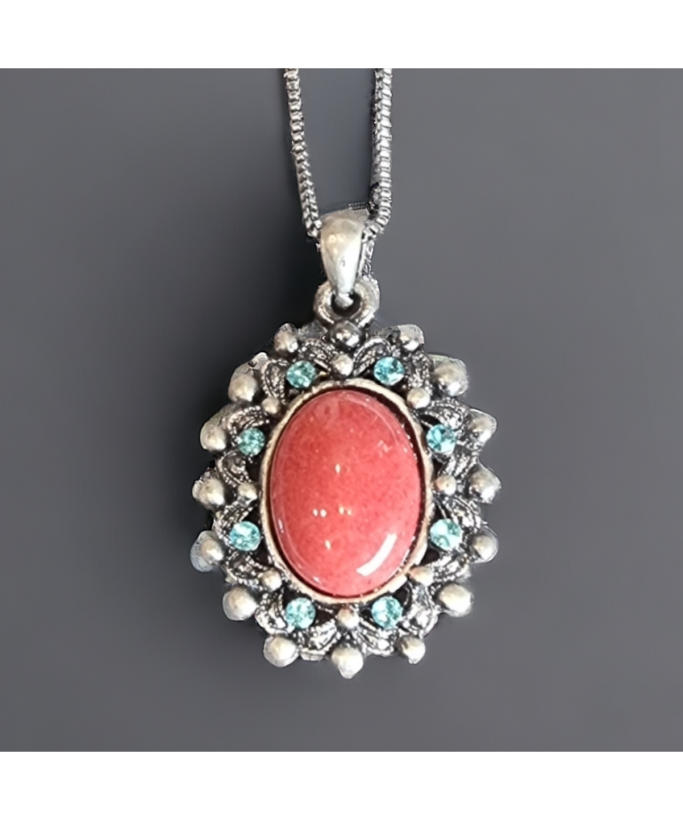 Pendentif Corail & Zirconium médaillon avec chaîne