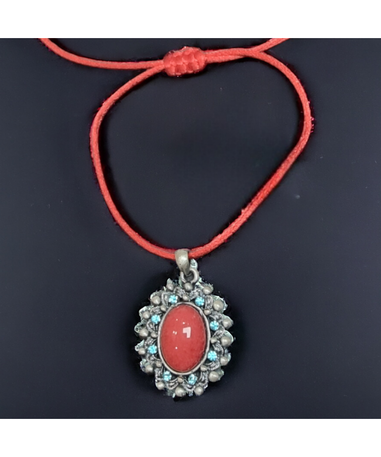 Pendentif Corail & Zirconium médaillon avec cordon