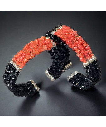 Bracelet Corail & Onyx facetté Argent 925