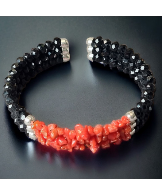 Bracelet Corail & Onyx facettée Argent 925