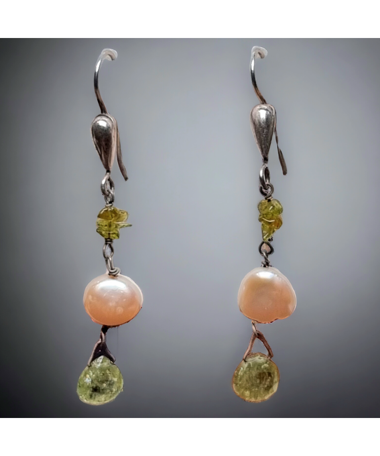 Boucles Péridot Perle & Grenat vert Argent 925