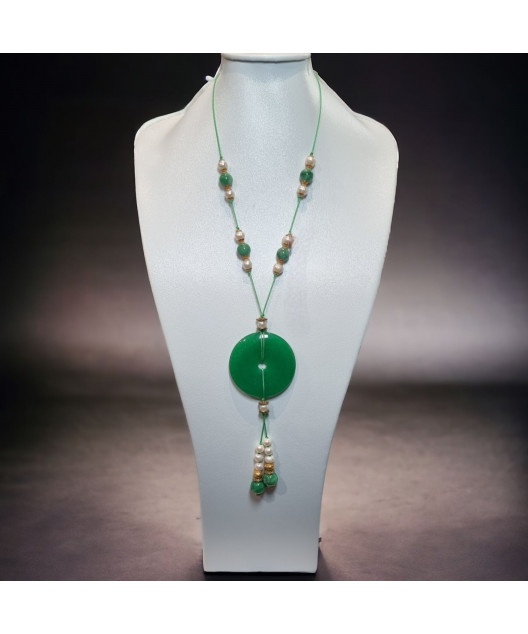 Collier Jade donut & pierres rondes & Perles Eau Douce plaqué or