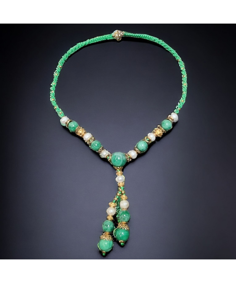 Collier Jade & Perles Eau Douce plaqué or sur cordon