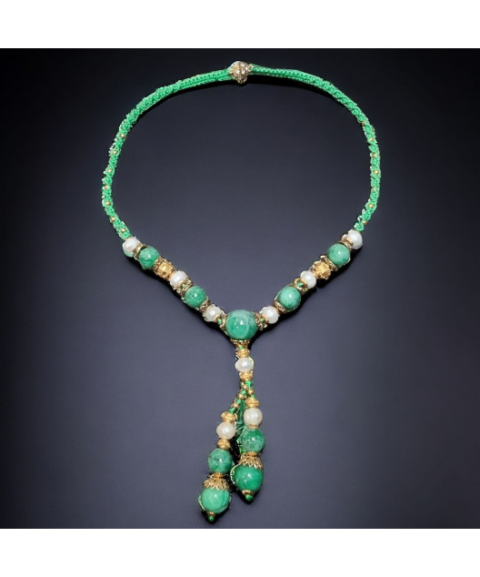 Collier Jade & Perles Eau Douce plaqué or sur cordon