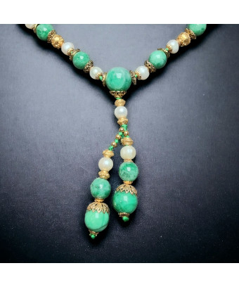 Collier Jade & Perles d'eau douce plaqué or sur cordon
