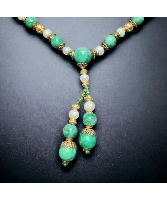Collier Jade & Perles Eau Douce plaqué or sur cordon