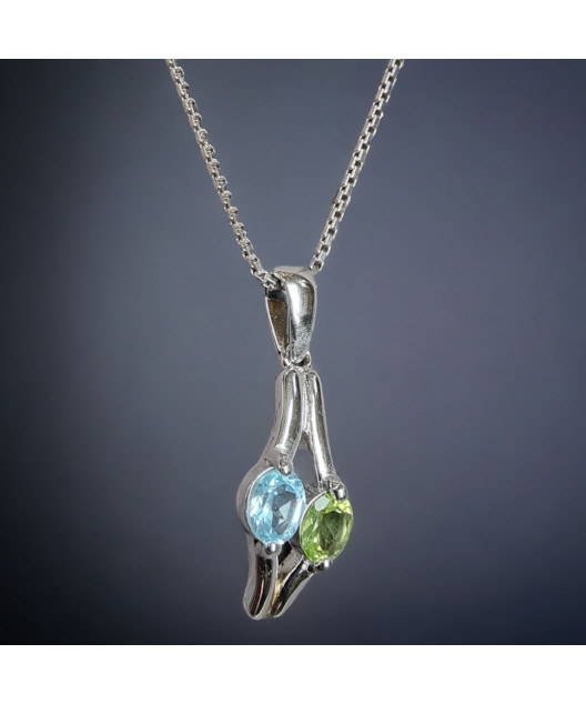 Pendentif Péridot & Topaze bleue Argent 925 avec chaîne