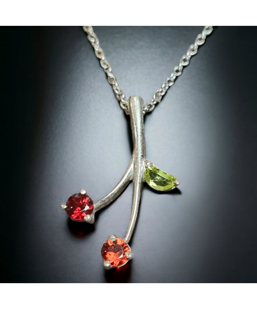 Pendentif Péridot & Grenat rouge Argent 925 avec chaîne