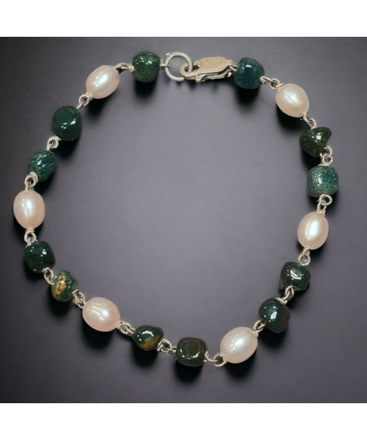 Bracelet Jaspe sanguin & Perles d'eau douce avec fermoir Argent 925