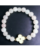 Bracelet Quartz rose Pierres rondes 8mm et Fleur émail