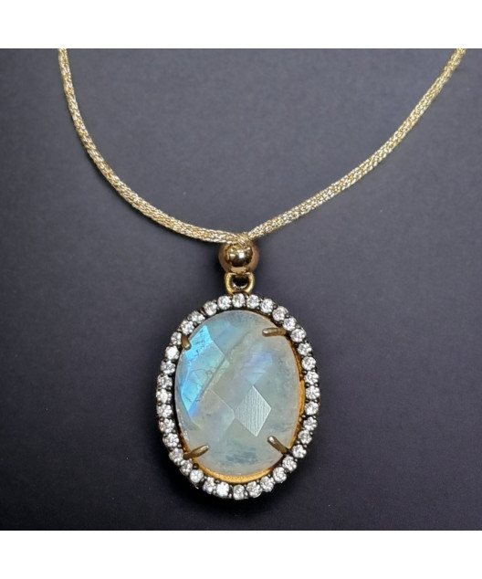 Pendentif Pierre du lune & Zirconium Argent 925 sur cordon réglable