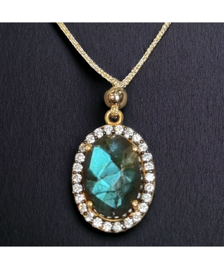 Pendentif Labradorite & Zirconium Argent 925 sur cordon réglable