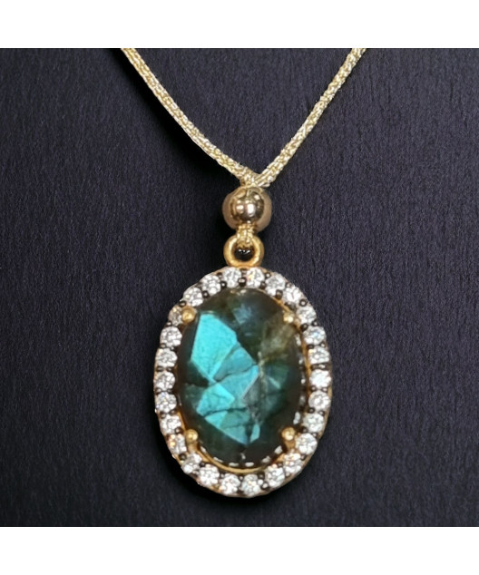 Pendentif Labradorite & Zirconium Argent 925 sur cordon réglable