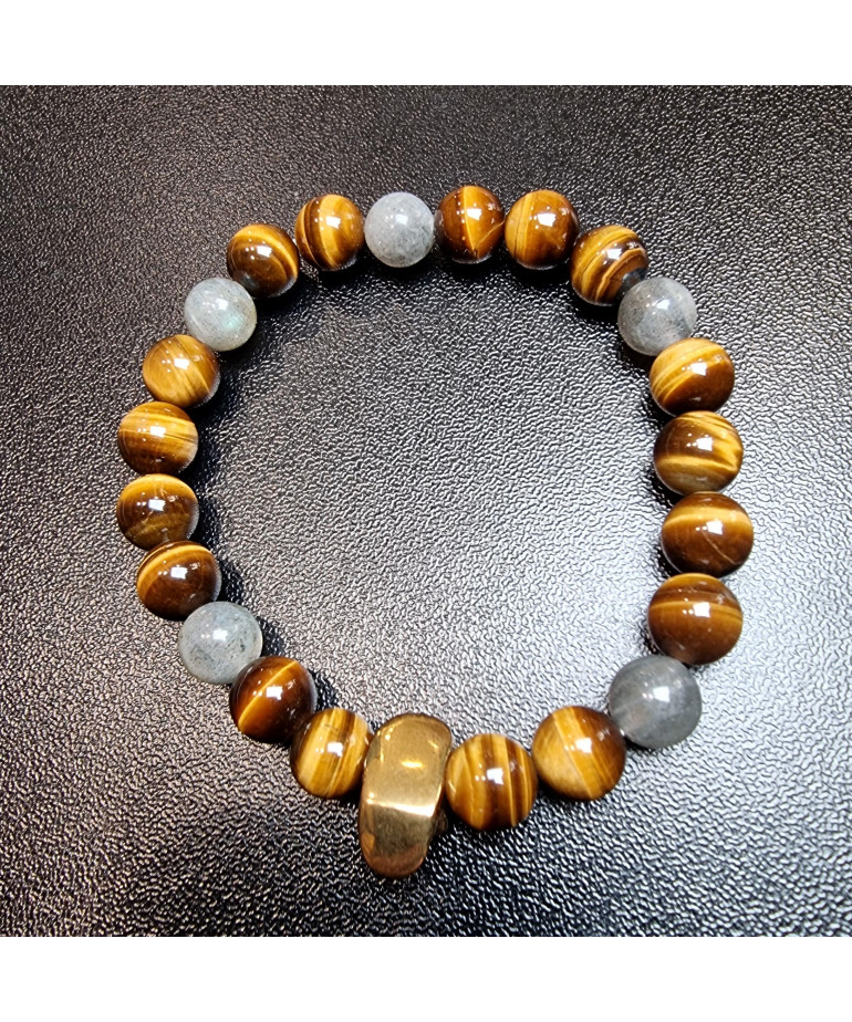 Bracelet Œil de tigre & Labradorite Pierre rondes 8mm avec crâne