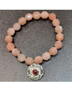 Bracelet Pierre de lune rose facettée & Rubis sur disque plaqué or