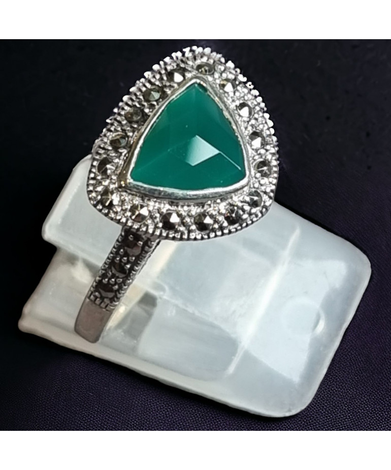 Bague Agate verte & Marcassite Argent 925 Taille 59