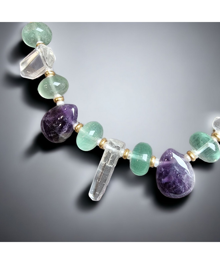 Collier Améthyste Cristal de roche & Fluorite