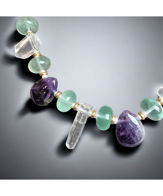 Collier Améthyste Cristal de roche & Fluorite