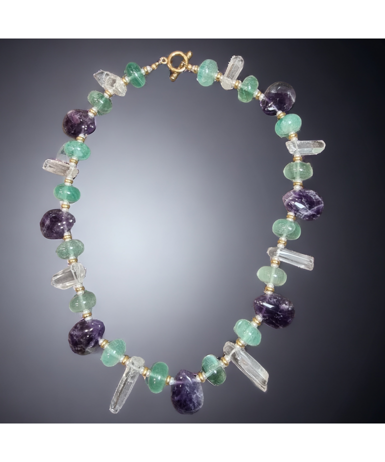 Collier Améthyste Cristal de roche & Fluorite